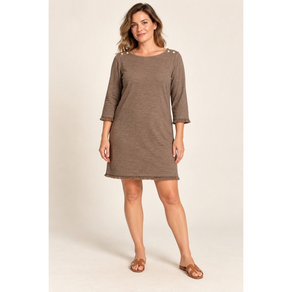 Spartina 449 Brown Fringe Shift Dress Boho Minimalist Long Sleeve Large